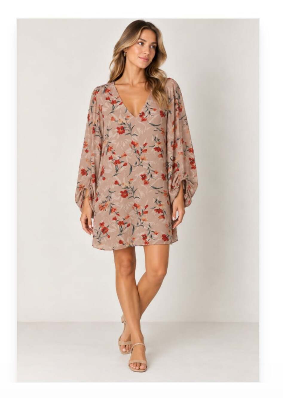 Entro Dress Womens Large Beige Floral V Neck Balloon Sleeve Tunic Boho